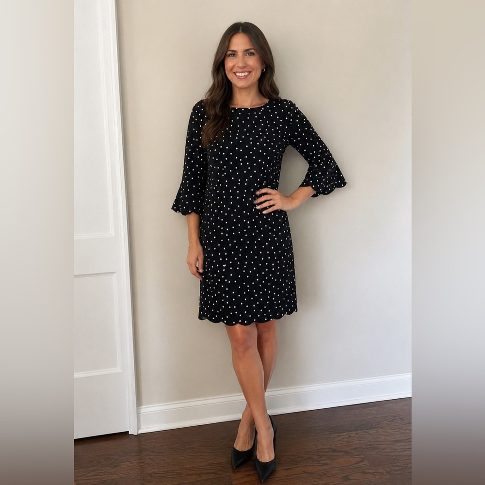 Talbots Black White Polka Dot Dress Size 12 Scalloped Hem Bell Sleeve Classic